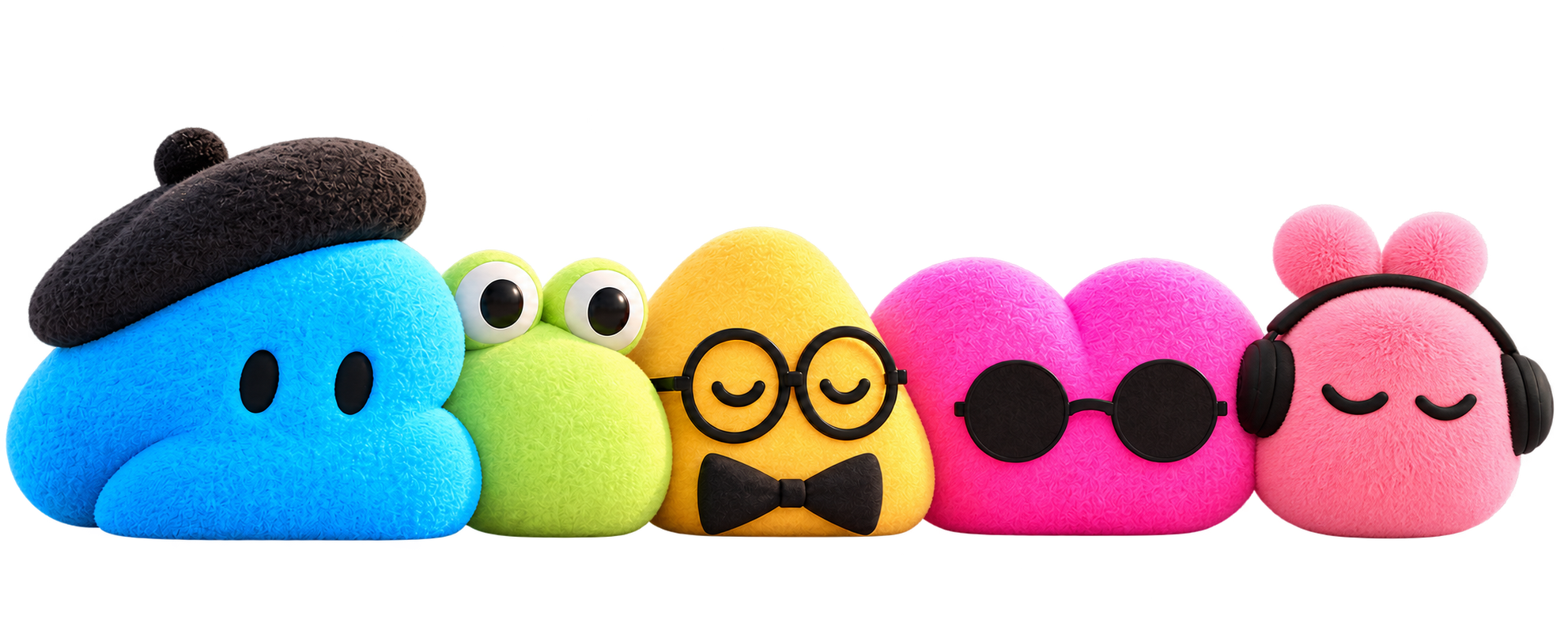 Felipe, Todd, Alfred, Jojo, and Iggy together: five colorful plush Dots with a beret, googly eyes, glasses, sunglasses, and headphones